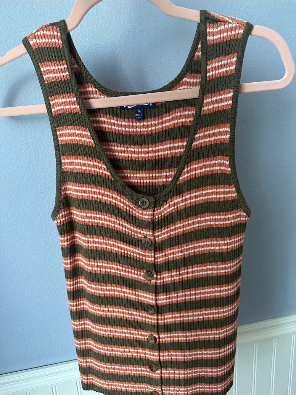 Striped Olive and Coral Button-Front Ribbed Tank Top